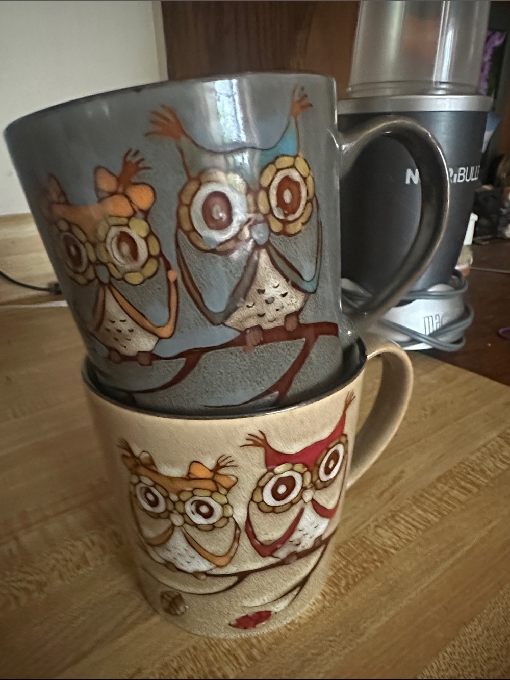 Owl Pattern Ceramic Coffee Mug - Gray and Cream